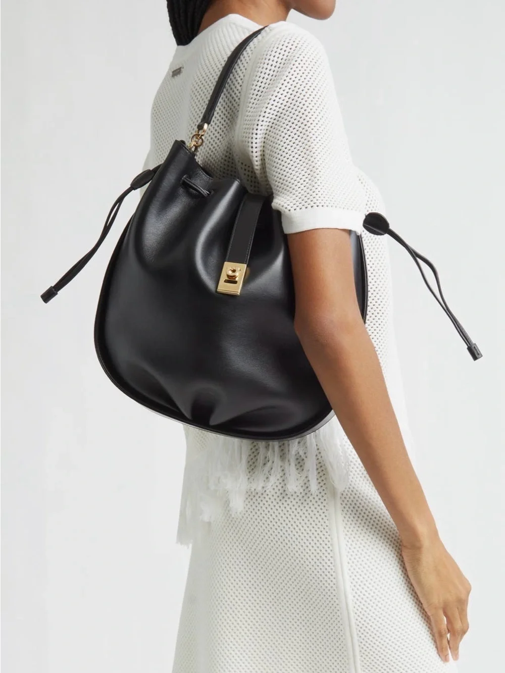 Black Leather Hug Bucket Tote Bag with Gold Hardware